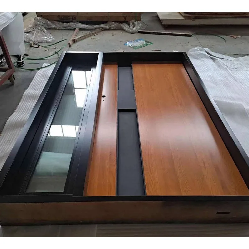 New Exterior Steel Wood Entrance Pivot Door With Glass Sidelites - HIHAUS