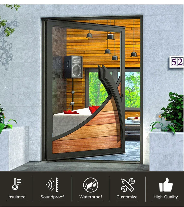 Hihaus Hot Black Aluminium Exterior Swivel Glass Pivot Front Entry Door - HIHAUS