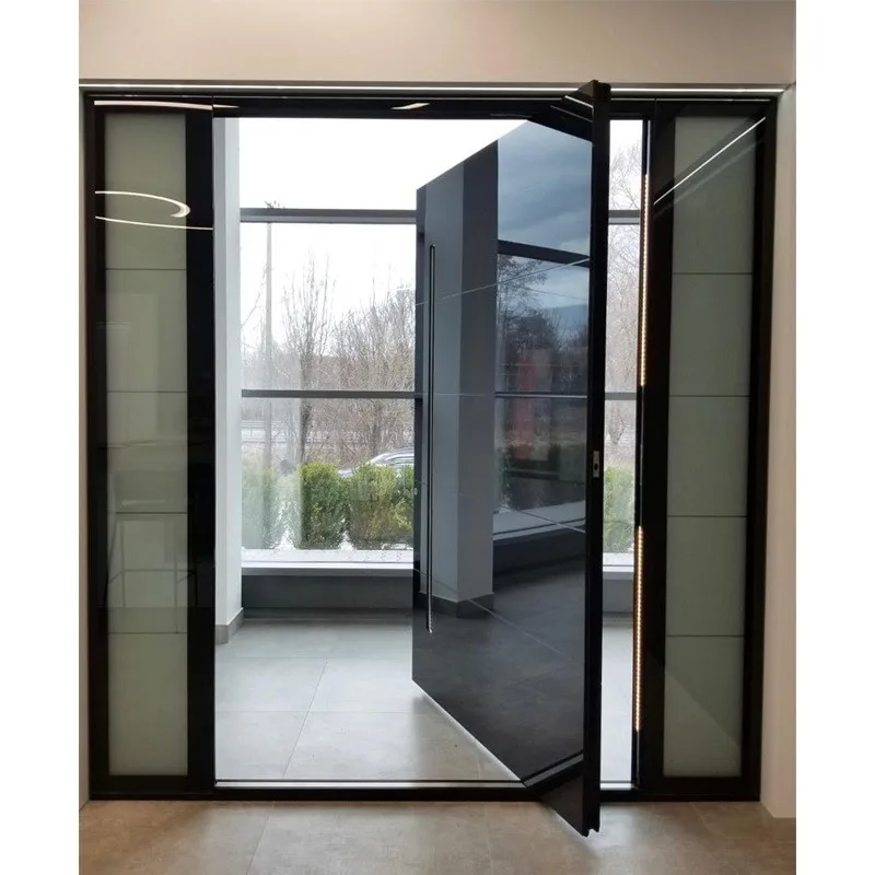 Hihaus Hot Black Aluminium Exterior Swivel Glass Pivot Front Entry Door - HIHAUS