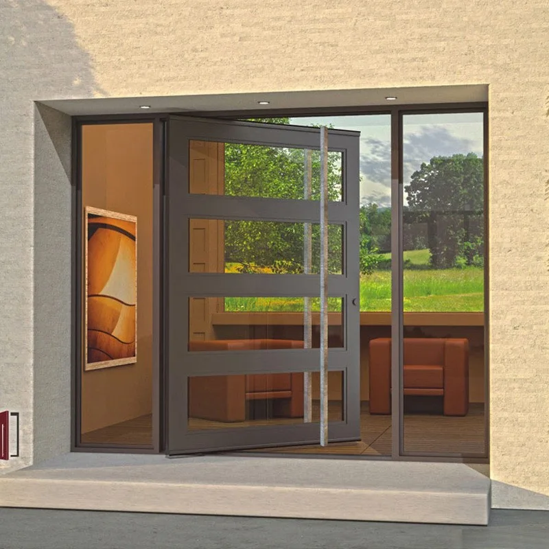 Hihaus Hot Black Aluminium Exterior Swivel Glass Pivot Front Entry Door - HIHAUS