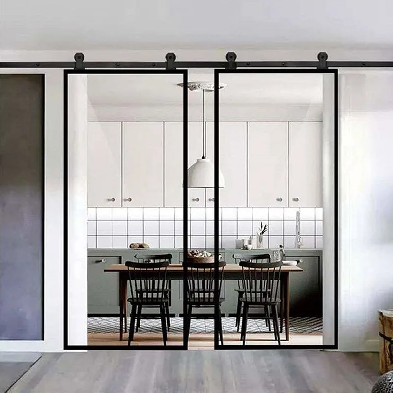 Modern Black Aluminum Metal Interior Double Sliding Glass Barn Door - HIHAUS