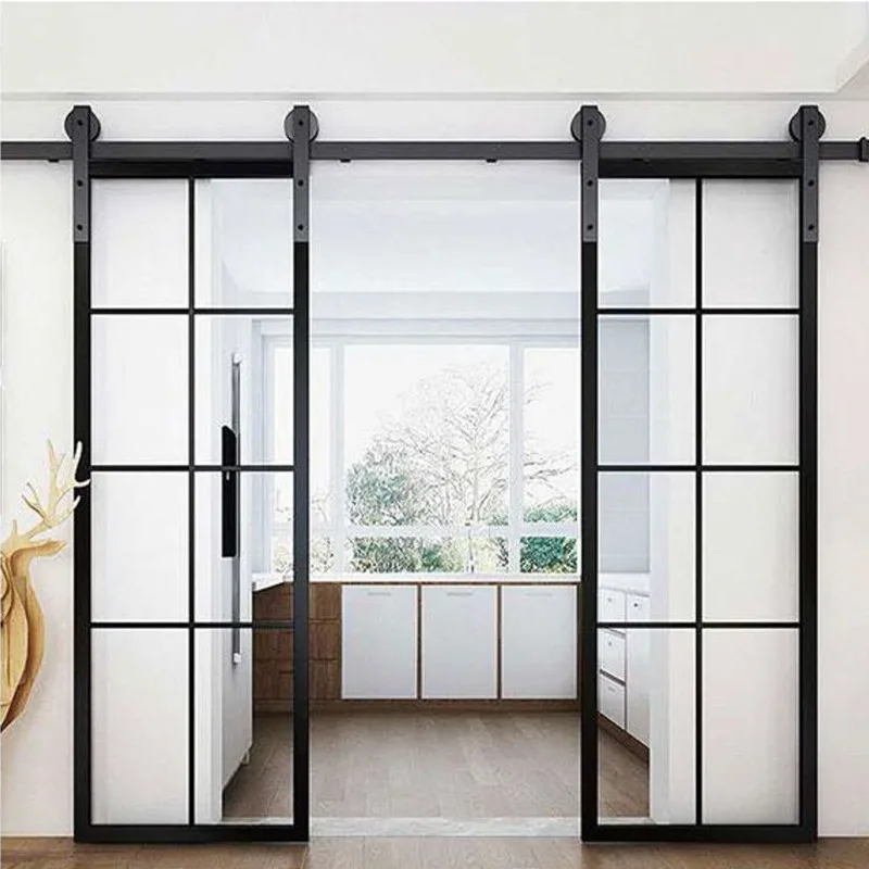 Modern Black Aluminum Metal Interior Double Sliding Glass Barn Door - HIHAUS
