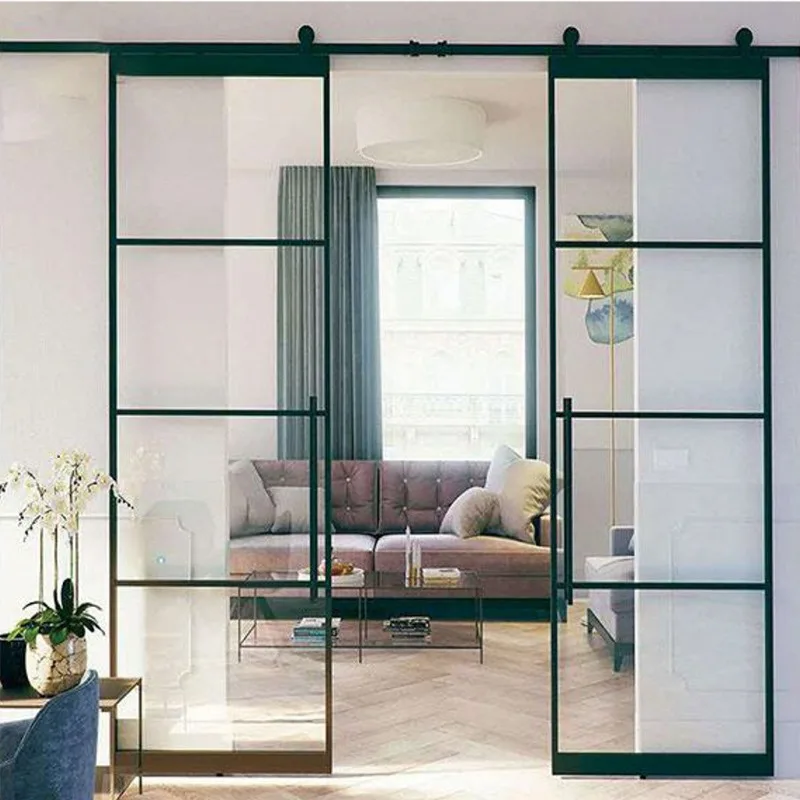 Modern Black Aluminum Metal Interior Double Sliding Glass Barn Door - HIHAUS