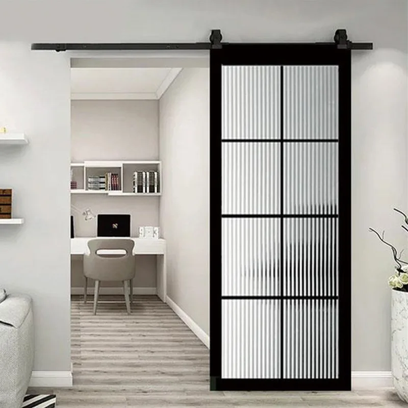 Modern Black Aluminum Metal Interior Double Sliding Glass Barn Door - HIHAUS
