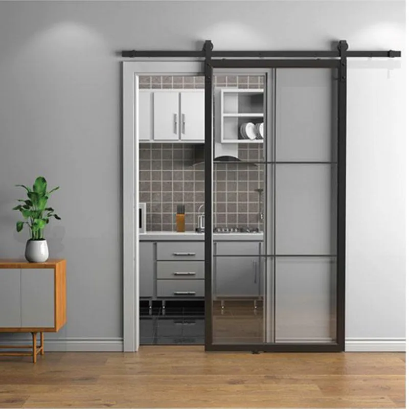 Modern Black Aluminum Metal Interior Double Sliding Glass Barn Door - HIHAUS