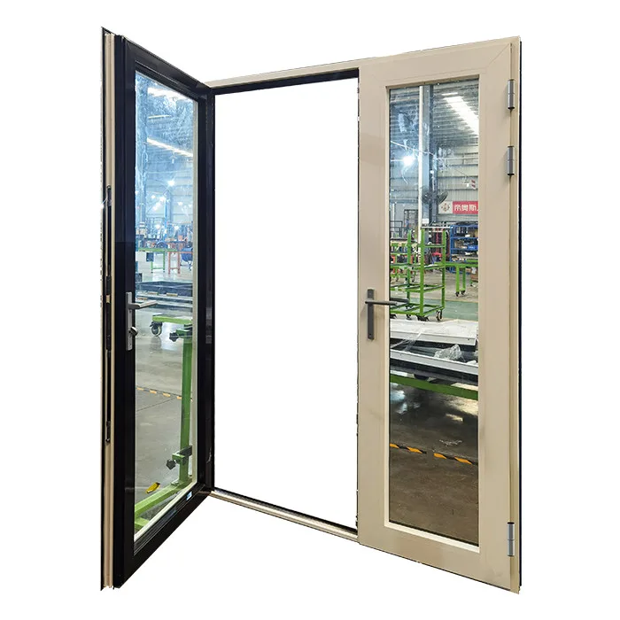 White and black aluminum hinged outswing double patio doors exterior - HIHAUS