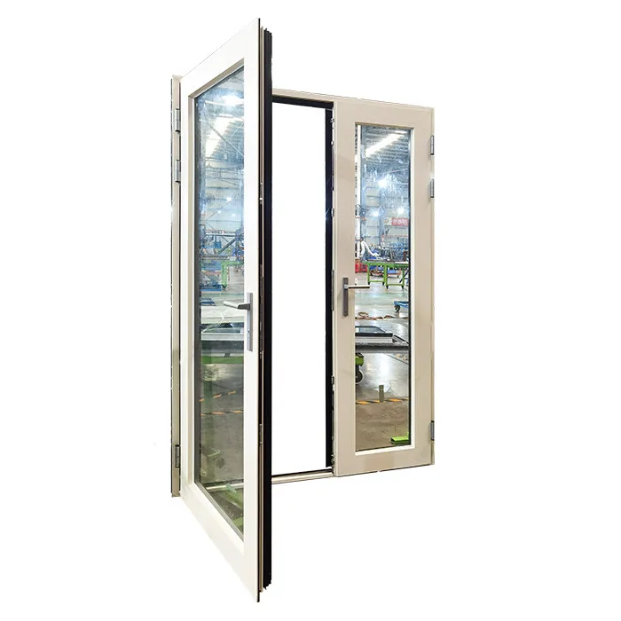 White and black aluminum hinged outswing double patio doors exterior - HIHAUS