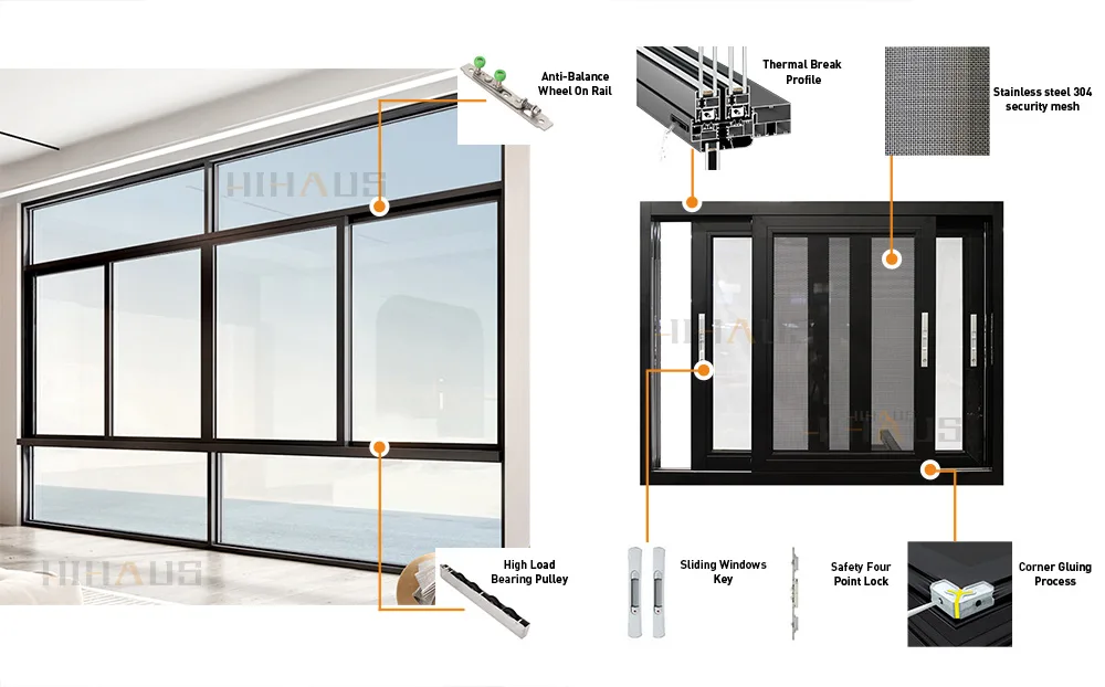 Customized House Black Aluminium Sliding Window With Mosquito Net - HIHAUS