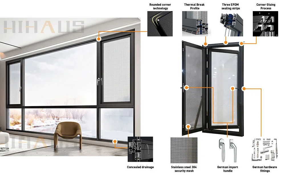 Home Black Waterproof Aluminium Single Casement Glass Window - HIHAUS