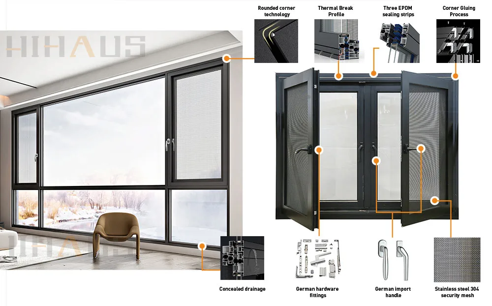 Custom soundproof aluminium thermal break double casement window - HIHAUS