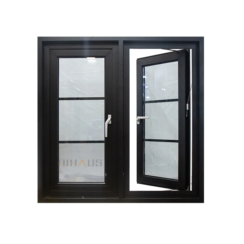 Black Sound Proof Aluminum Double Casement Window With Grill - HIHAUS