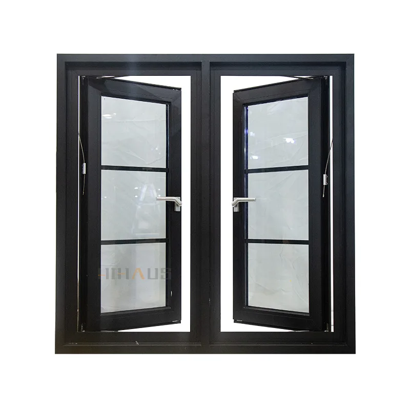 Black Sound Proof Aluminum Double Casement Window With Grill - HIHAUS
