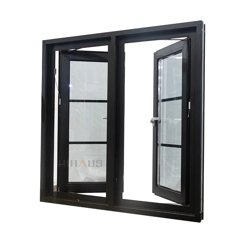 Black Sound Proof Aluminum Double Casement Window With Grill - HIHAUS