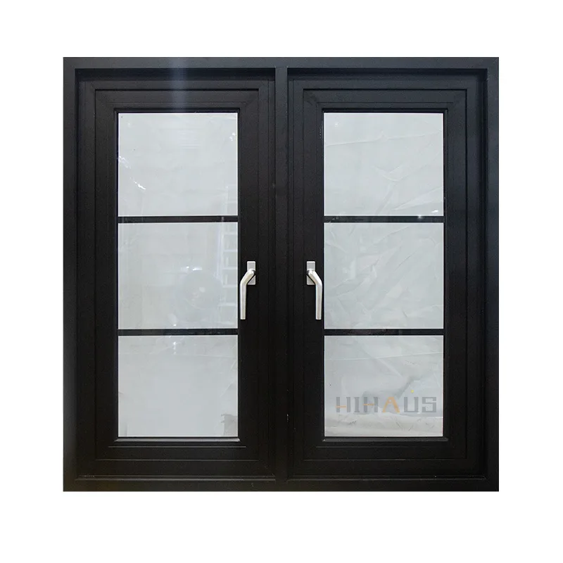 Black Sound Proof Aluminum Double Casement Window With Grill - HIHAUS