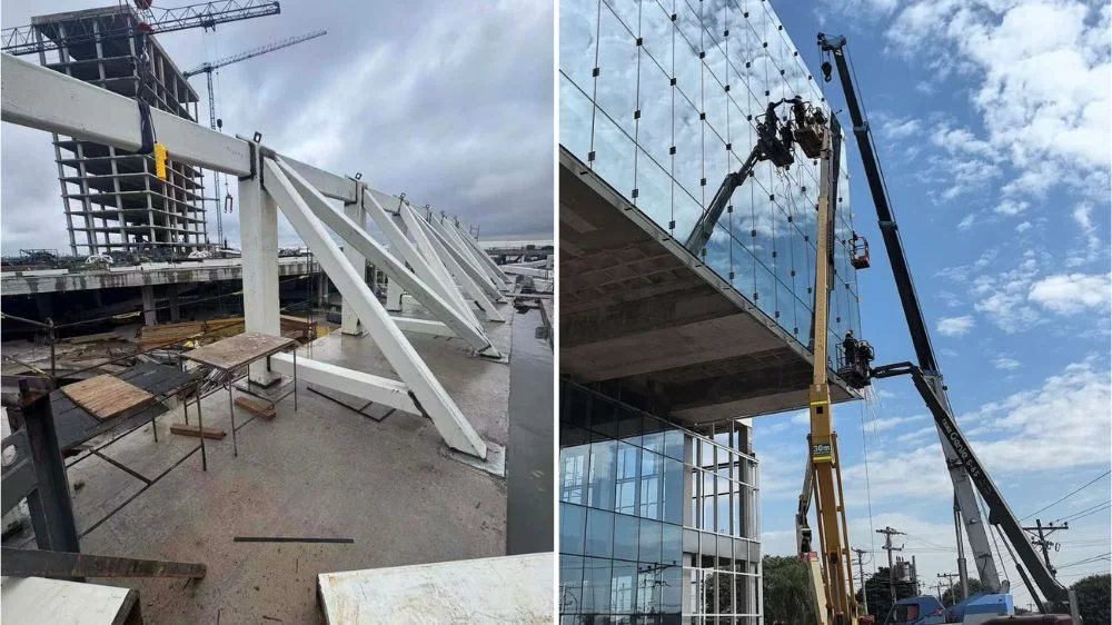 Structural steel interfaces and glazed facade on site - HIHAUS project photo