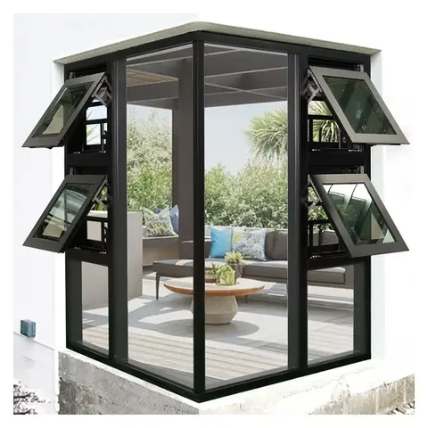 New Black Large Aluminum Corner Stacked Awning Style Windows